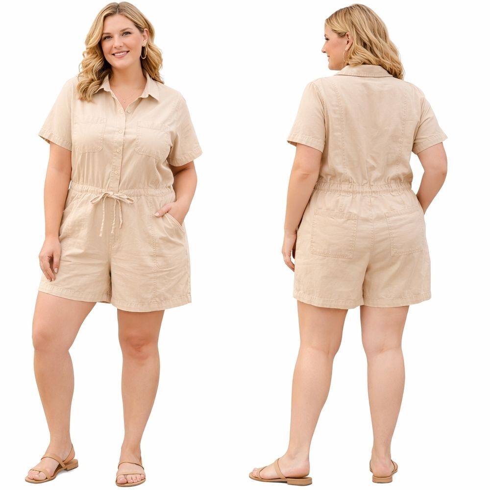 Old Navy Beige Utility Romper Shorts XXL Button Front Drawstring Casual Summer